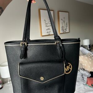 Michael Kors Black Leather Tote with Gold Accents